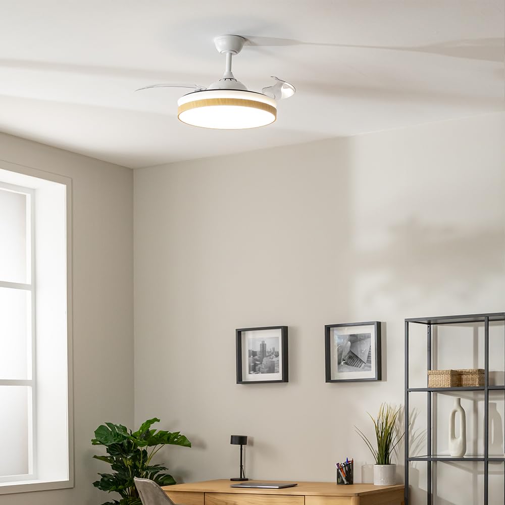 Cecotec Ventilatore da Soffitto con Luce Energysilence Aero 4320 Invisible Wood&White. 35W. 6 Velocità. Pale Retrattili. Telecomando. Timer. LED Integrato. Intensità Luminosa Regolabile