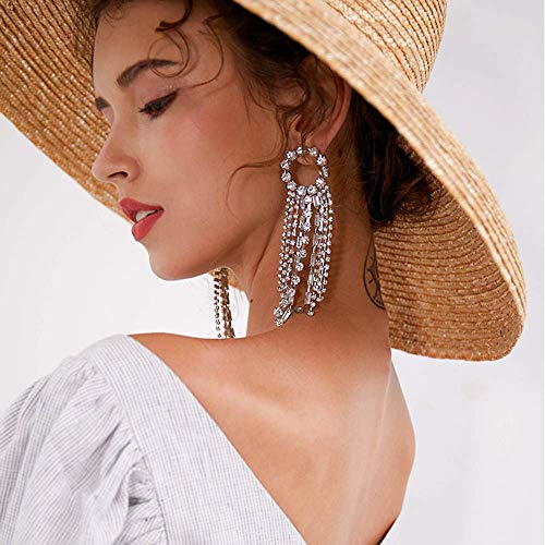 Fxmimior 2555 Fashion Women Earrings Silver Tassel Full Rhinestones Ring Long Chain Drop Dangle Earrings Jewelry thumb #1