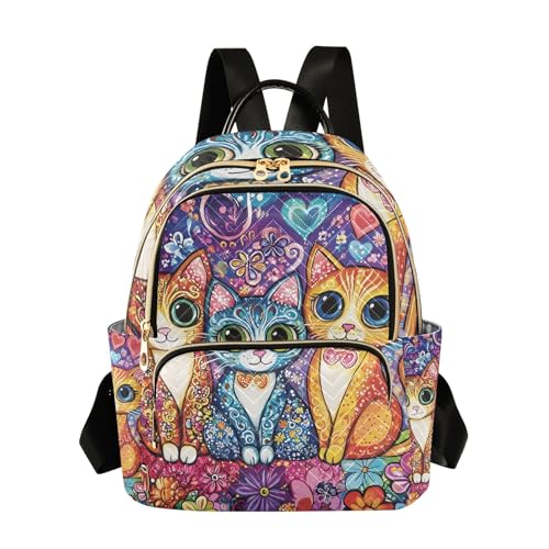 ODAWA Small Quilted Backpack for Women Cats with Big Eyes Colorful Cute Mini Backpack for Women Travel Backpack