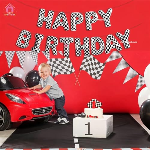 Image of Party Warehouse Happy Birthday Foil Balloon Banner-Black & White Checkered Racing Theme Letter Balloons|Car & Speed Inspired Birthday Decoration for Kids,Teens & Adults|Air Fill Hanging Decor-16 inch