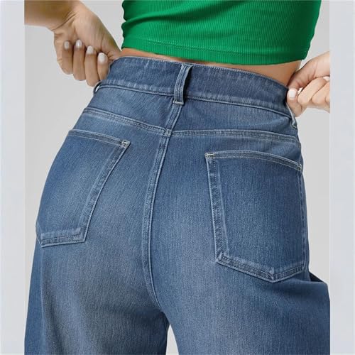 Women's Washed Dark Blue Straight Leg Jeans High Stretch Washed High Waist Jeans Wide Leg Fashion Nine-Point Jeans3