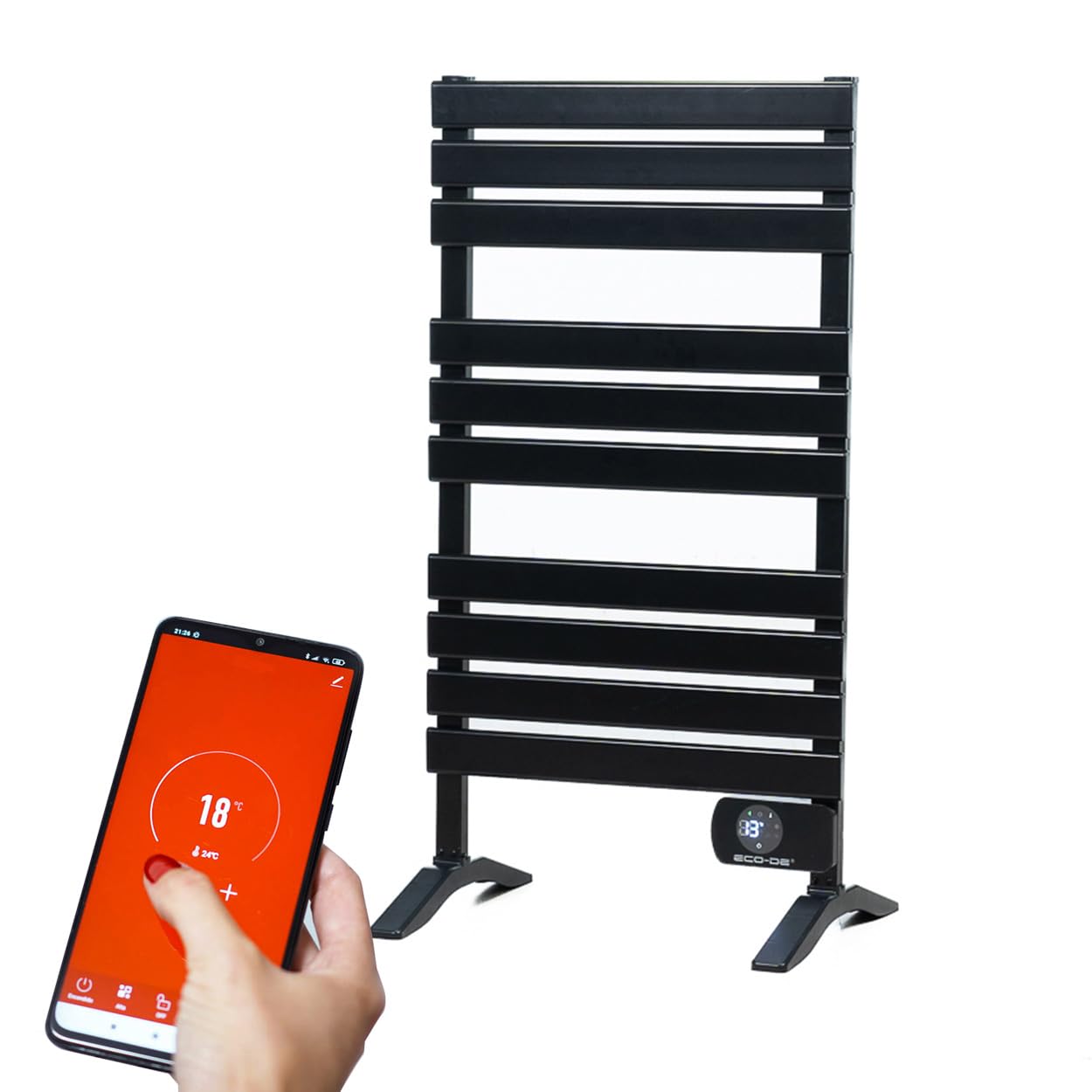 ECO-DE Ecode - Portasciugamani elettrico con gambe, programmazione 24/7, radiatore a secco, 500 W IP24, ""Towel Heat"", WiFi, controllo app tuia, schermo a LED. 105 x 56 x 2 cm. ECO-701N (nero)