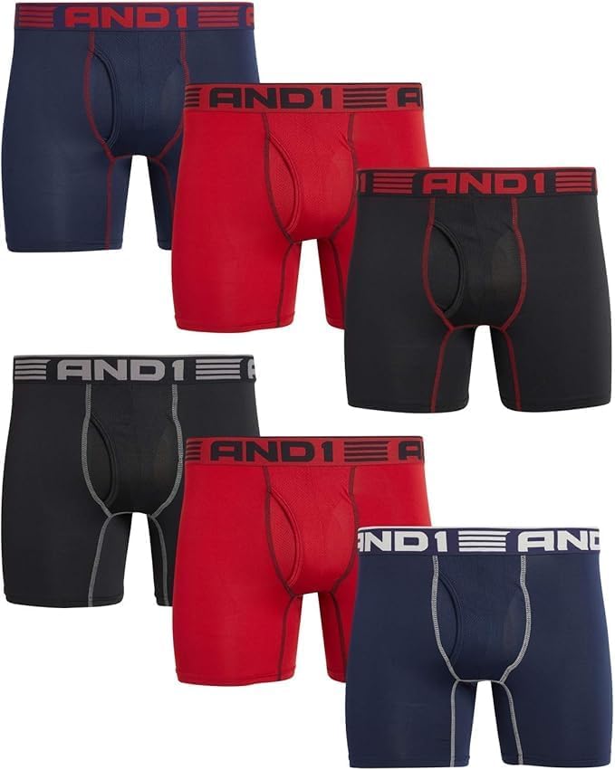 AND1 Mens Boxer Briefs - 6 Pack Platinum Performance Mens Boxers with Fly Pouch - Underwear Boxers for Men, 6" Inseam