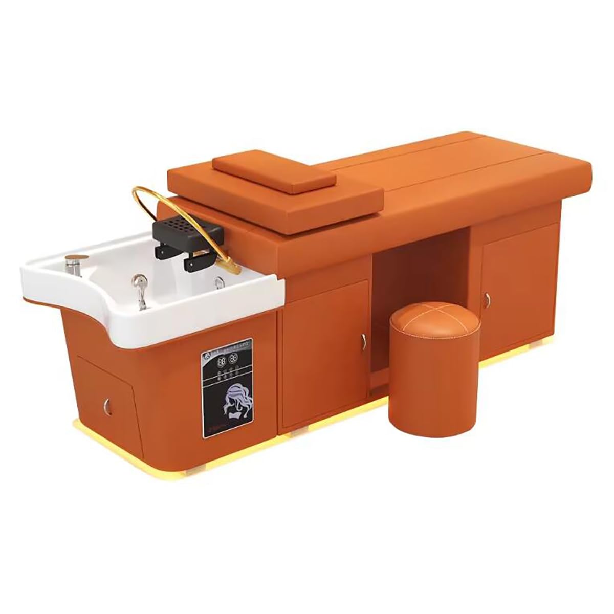 Orange Salon Shampoo Bowl Chair Head Spa Scalp Massage Bed with Storage Beauty Salon Equipment