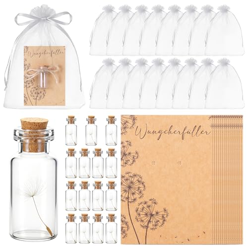 16er Set Kleiner Wunscherfüller Pusteblume im Glas mit Kraftpapier Karten Organzasäckchen und Juteschnur Gastgeschenke Geburtstag für Kollegen Freunde Glücksbringer Klein für Hochzeit Neujahr