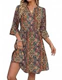 Zeagoo Robe Femme Col V Chic et Elegant Robes Manches 3/4 D'été et Longueur Genou Robe Casual A Line Floral F L