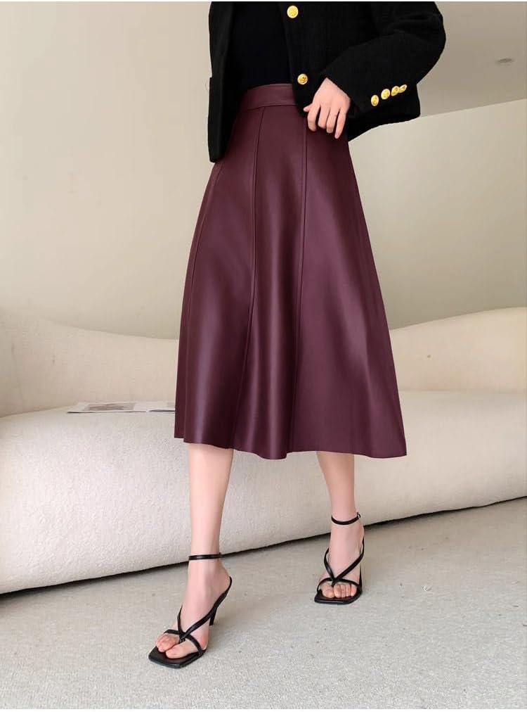 utcoco Womens Casual Long Leather Skirt High Waist A-Line Swing Midi-Length Faux Leather Skirts - Image 4