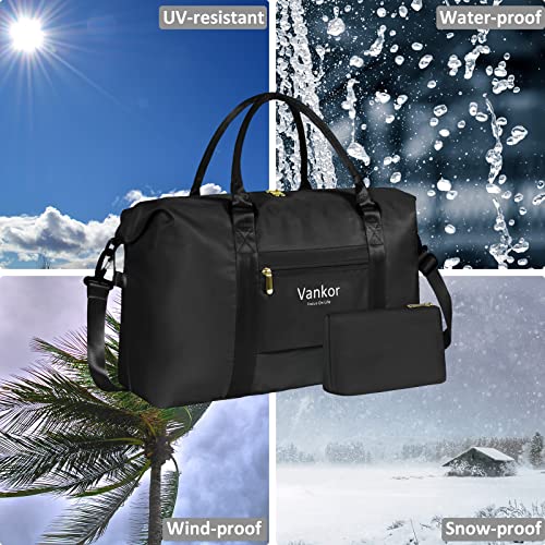Image of Duffle Bag For Travel Waterproof, Vankor Weekender Bags for Women Portable Carry on Travel Duffel Bag 20 Inch, Black, 21x7.25x13.50 Inch, Stylish