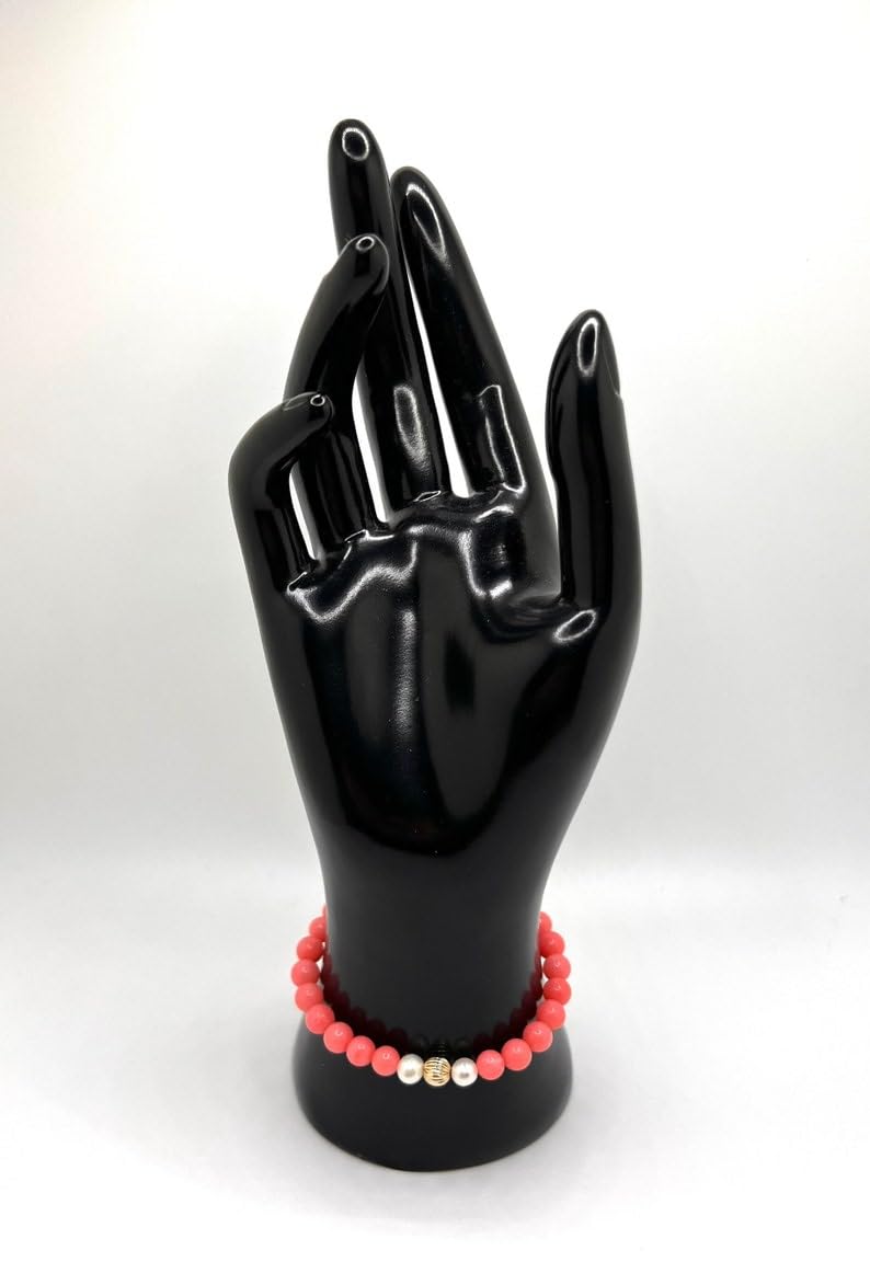 natürlicher rosa Koralle & Süßwasserperle Edelstein 6mm | runde Form, glatt geschliffener Stein | 7 Zoll | rosafarbener Edelstein | Energie-Stretcharmband | handgefertigter Schmuck | LSB_01562