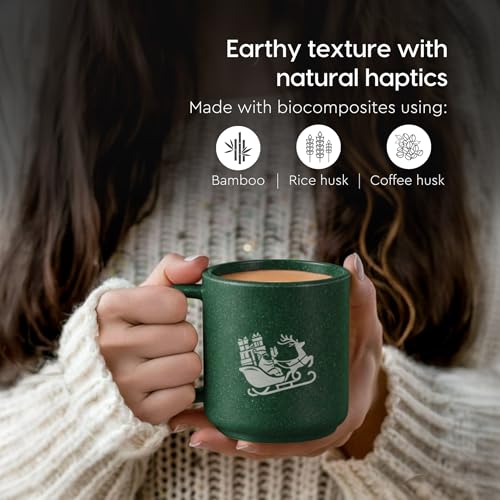 Image of Eha Earth-Friendly Christmas Gifts for Friends and Family | Secret Santa Gifts | Made with Rice Husk | Printed Christmas Mug and Coasters Set of 2, Keychain & Loopac Box | 350 ml | Fern