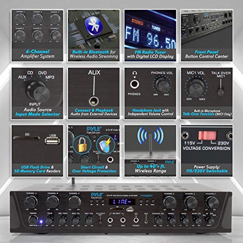 Pyle Wireless Home Audio Amplifier System-Bluetooth Compatible Sound Stereo Receiver Amp - 6 Channel 600Watt Power, Digital Lcd, Headphone Jack, 1/4'' Microphone In Usb Sd Aux Rca Fm Radio-Pta66Bt.5 #TOP2