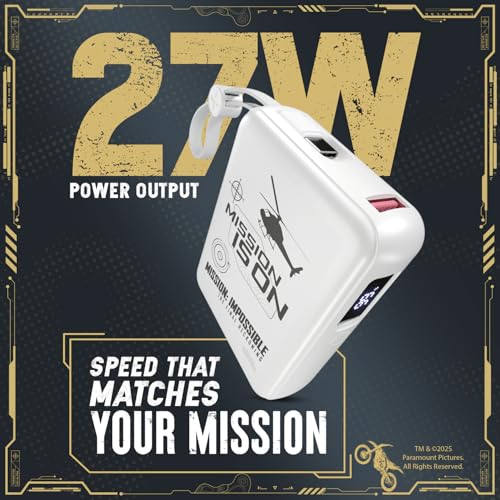 Image of Mobilla x Mission: Impossible - MPower X2 Limited Edition Powerbank | 27W High-Speed Output | 10000mAh Battery | Built-In Type-C & Lightning Cables | Dual Fast Charging Ports | Battery Display (White)