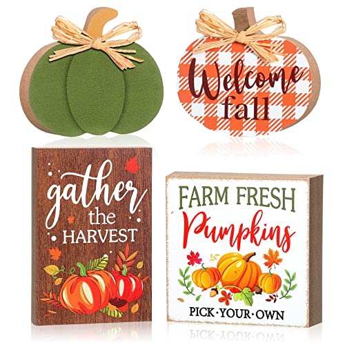 4 Piece Plaid Pumpkin Welcome Tabletop Signs Harvest Tray Decor Farm Fresh Table Signs Freestanding Wooden Fall Decor for Thanksgiving Farmhouse Home Table Shelf