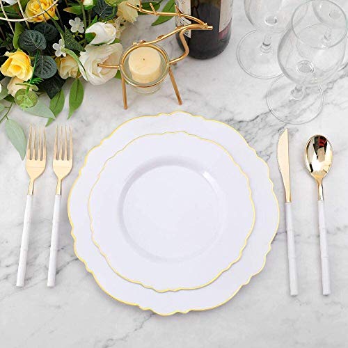 Wdf 100Pcs Gold Plastic Plates - Baroque White &Gold Disposable Plates For Upscale Parties &Wedding - Plastic Plates Including 50Plastic Dinner Plates 10.25Inch,50Salad Plates 7.5Inch #TOP4