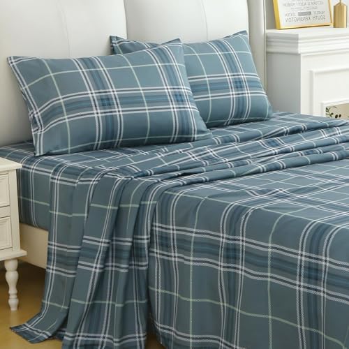 Image of MUXHOMO Full Size 4 Piece Sheet Set, Soft Breathable Bed Sheet Set for Bedroom with Deep Pocket Up to 16 inch, Wrinkle-Free & Cooling Bedding for Oeko-TEX Certified - Grayish Green Plaid