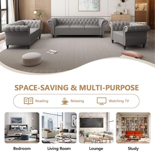 Image of QHITTY Accent Large Sofa, Chesterfield Couch 3 Seater Modern Leather Couch Upholstered Sofa with Tufted Back for Living Room Furniture (Grey)