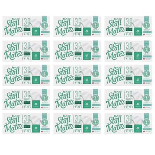 Image of Stall Mates Wipes - Flushable Wipes, Individually Wrapped, Travel Friendly, Unscented with Cucumber, Vitamin-E & Aloe, 15 Boxes of 30 on-the-go singles, 450 wipes total