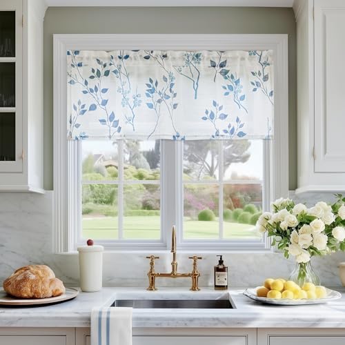 Image of Beauoop Linen Floral Semi Sheer Valance Curtains Kitchen Blue Navy 52x18x1