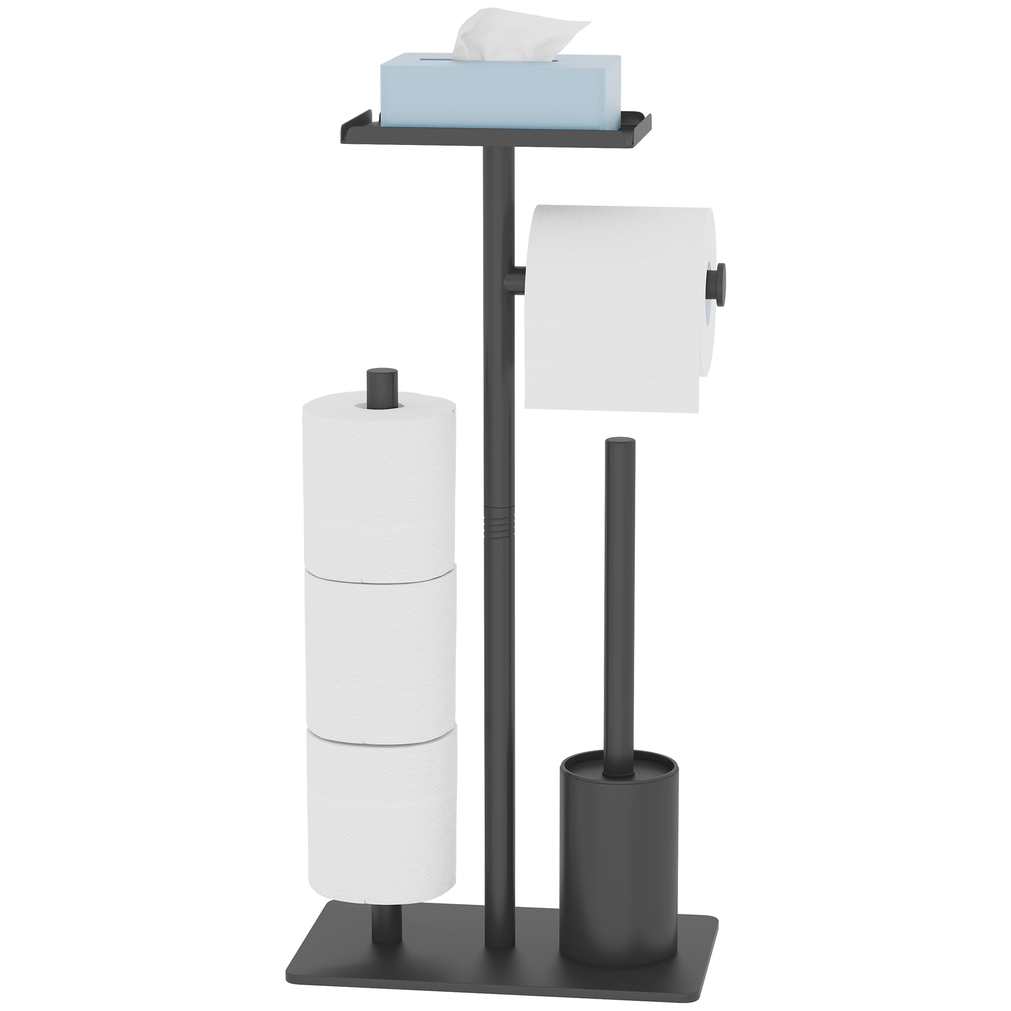 Toilet Paper Holder Stand - Free Standing Bathroom Toilet Paper Holder with Black Finish Tissue and Roll Storage Organizer