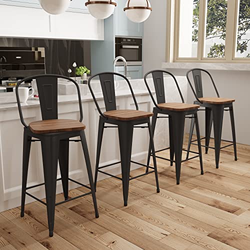 Aklaus Swivel Metal Bar Stools With Backs Counter Stools Set Of 4 Counter Height Stools High Back Bar Chairs 24 Inch Barstools Farmhouse Matte Black #TOP1