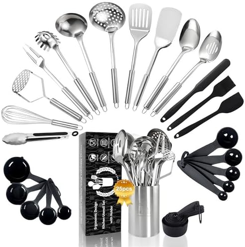 Stainless Steel Cooking Utensils Set, 25pcs Kitchen Utensils Set with Holder, Heat Resistant Kitchen Utensils Sets for Cooking with Turners, Potato Masher, Skimmer, Spoons, Tongs, Whisk