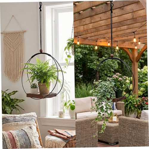 Support de plante suspendu boho x2 en bois et fer réglable pour intérieur