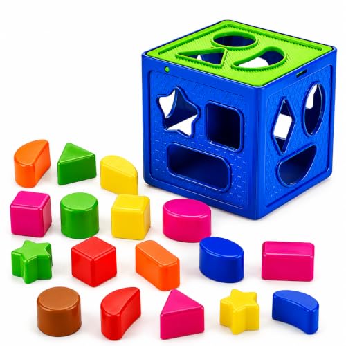 Image of PLUSPOINT Shape Sorter Toy for Kids 1-3 Years | Montessori Educational Learning Toy | 18 Colorful Shape Blocks & Sorting Cube | Shape & Color Recognition | Gift for Boys & Girls