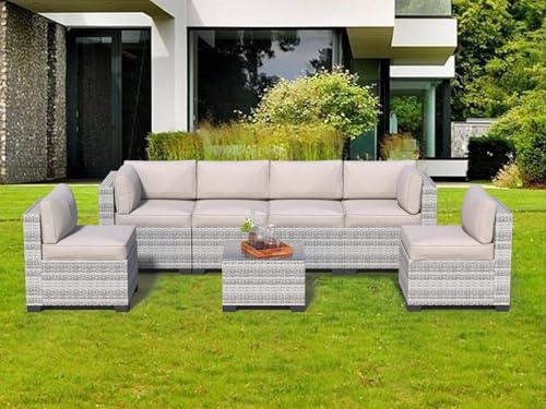 JMGJOY 7 Piece Patio Furniture Set, Rattan Outdoor Patio Conversation Sets, Outdoor Sectional Furniture with Cushion and Coffee Table, for Deck, Backyard, Garden, Field Gray