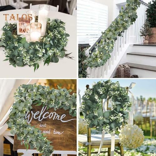 Guirnalda de eucalipto de 1,8 m, decoración de eucalipto artificial para bodas y decoración del hogar, guirnalda verde impermeable con flores blancas para interior y exterior, balcón, decoración de - imagen 6