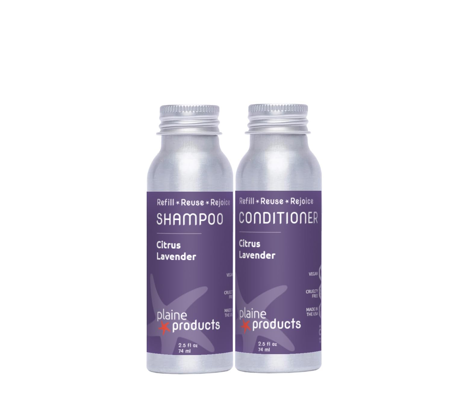Plaine Products Eco-Friendly Travel Size Shampoo and Conditioner - Citrus Lavender - Paraben/Sulfate/Phthalate Free, 2.5oz Refillable Aluminum Bottles