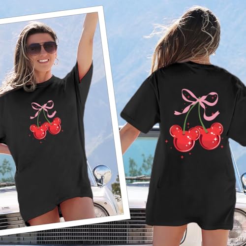 Magical Shirt for Women Cherry Bow Graphic Oversized T Shirt Family Holiday Vacation Funny Cute Aesthetic Tee Tops3