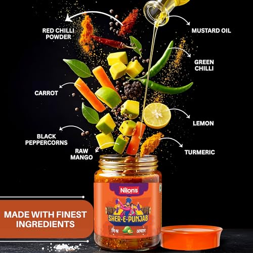 Image of Nilon's Sher-E-Punjab Mixed Pickle (475g) Homemade Aachar | Spicy & Tangy Pickle in Authentic Punjabi Style with Raw Mango, Lemon, Mustard Oil & Spices Mixed with No Added Artificial Colour