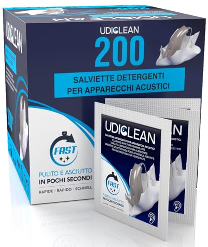 200 nawilżanych i jednorazowych chusteczek Udiclean Codzienne czyszczenie urządzeń słuchowych i ślimakowych Suszanie w ciągu kilku sekund eliminuje tłuszcz i pot