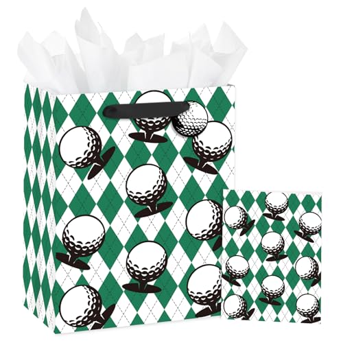 Loveinside Golf Gift Bag For Men, Green Argyle Pattern With Golf Ball Design, Medium Size Gift Bag With Tissue Paper, Tag, Greeting Card For Father'S Day, Birthday, Sports Party, 10' X 5' X 13', 1 Pcs