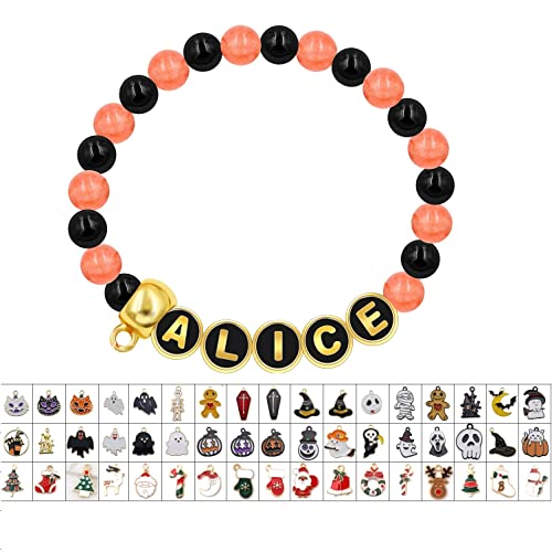 Image of Uloveido Black Orange Jade Charms Halloween Bracelets All Saints' Gift - DIY Customized Name Beaded Bracelet