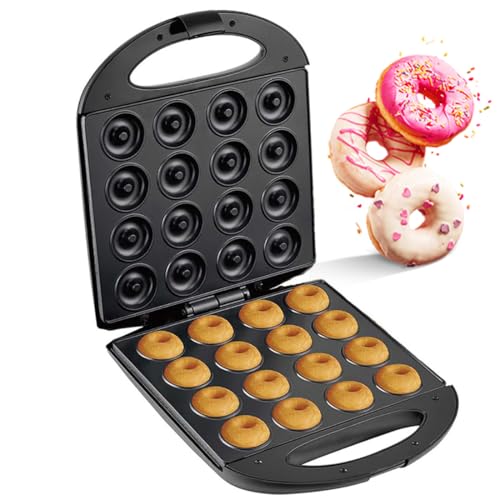 Donut Maker - 1400W Doughnut Machine with Double Side Heating, Thermostatic Control, Teflon Coating, 16 Holes for Home and Snack Street Use