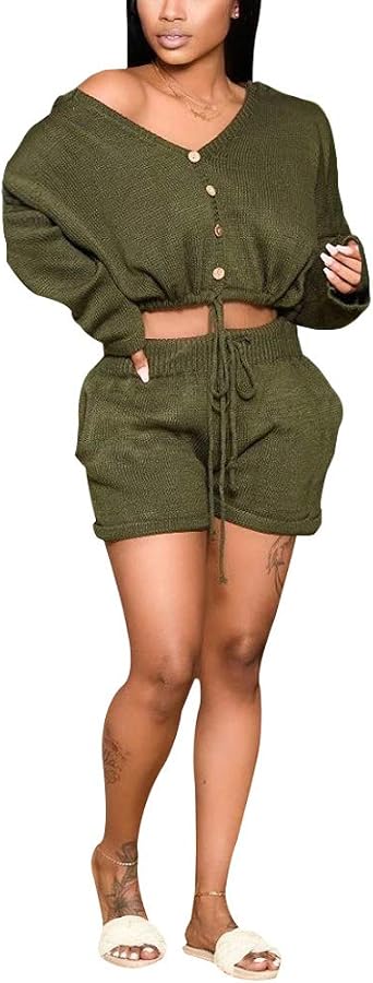 JUNBOON Womens Casual 2 Piece Knit Short Outfits Set Solid Color Long Sleeve Pullover Top and Drawstring Loungwear