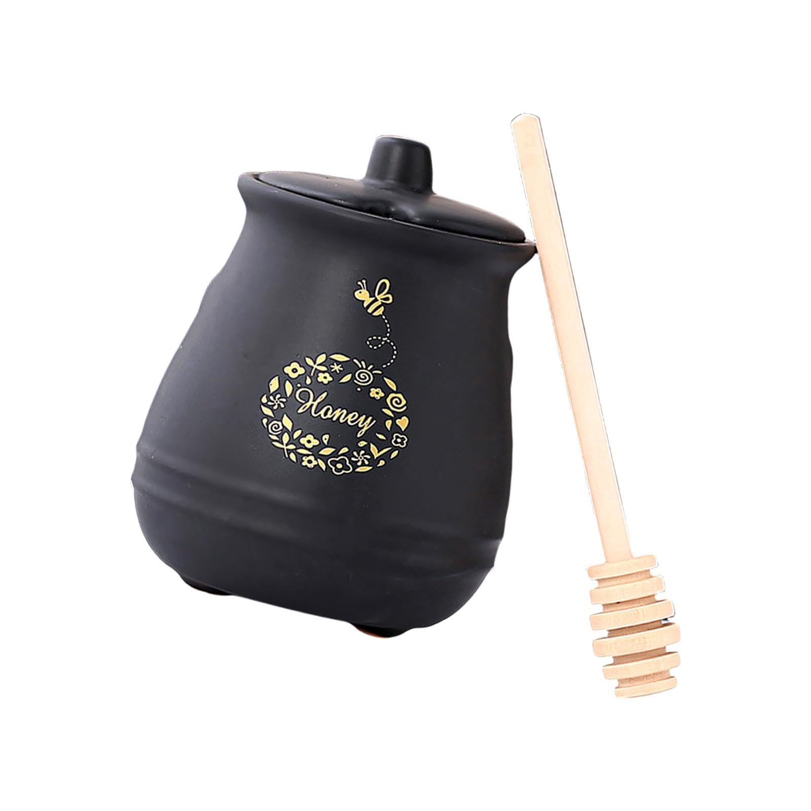 Buxuaaaa Black Porcelain Honeys Jar With Wooden Dipper And Lid Ceramic Honeys Storage Container Farmhouse Kitchen Decors Ceramic Pots With Lid And Dipper