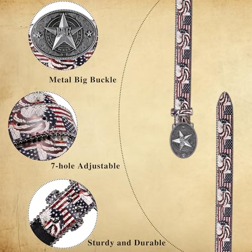 Image of Dubulle Women Western Belt US Flag Eagle Buckle Print Belts Leather Adjustable Vintage Buckle for Cowgirl Costume Jeans