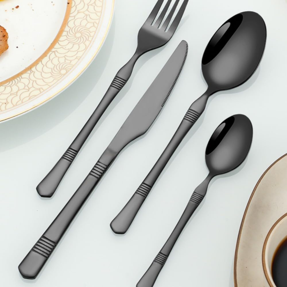 Besteckset aus Edelstahl, 20-teilig, bunt, mit horizontal gestreiftem Griff, Besteckset mit Steakmesser, Gabel, Löffel und Teelöffel für Küche und Esszimmer (schwarz)