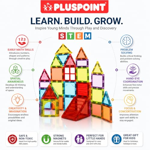 Image of PLUSPOINT 26pc Magnetic Tiles Blocks Building Construction Toys for Kids Ages 3 and Up Imagine and Create STEM Educational Toys for Brain Development and Develop Creativity Toy Blocks