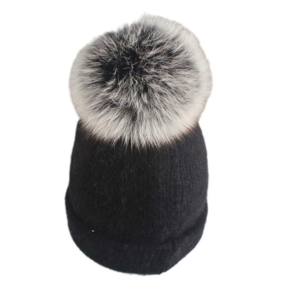 Gorro de Invierno de Piel de Conejo con Gorro de Piel con pompón para Mujer, Gorro cálido para Mujer Black Fur 2 One Size