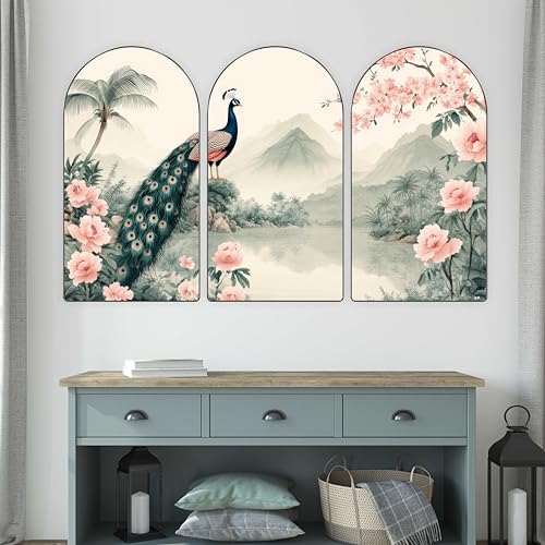 Image of Livin'luxe Peacock Wall Art | Set of 3 MDF Panel Paintings | Scenic Mountain & Floral Theme Decorative Wall Hanging for Living Room, Bedroom, Office & Home Interiors