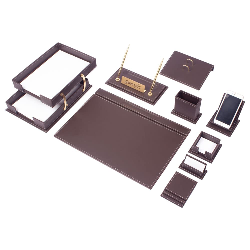 MOOGCO Schreibtisch-Set aus Leder, Schreibtisch-Zubehör, Büro-Organizer, Heimbüro-Zubehör, Schreibtisch-Zubehör, Schreibtisch-Aufbewahrung, Schreibtischunterlage, 13-teilig, 13 Stück (Brown)