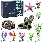 14 Pack Aquarium Aquatic Fish Tank Decorations Decor Set with Wood Cave, Tree Trunk Barrel Hideouts, Artificial Plastic Plants and Starfish Resin Ornament Fish Aquarium Accessories (Pink-Gift Box)