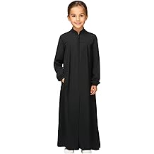 Girls Abaya Muslim Dress with Front Zipper 2 Pockets Dress Long Sleeve Solid Islamic Prayer Clothes for Kids