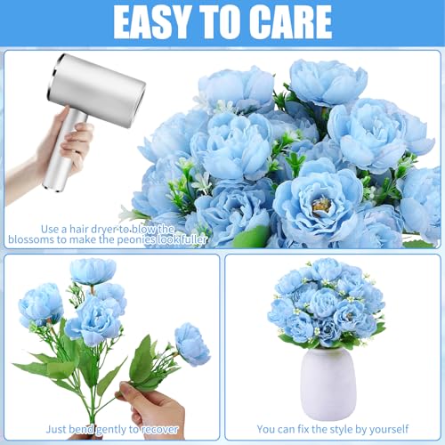 Image of 8 Pack Blue Peonies Artificial Flowers, Fake Silk Hydrangea Bouquet for Bridal Wedding Home Table Decor Reusable Dining Opening Ceremony Birthday Arrangement Faux Floral