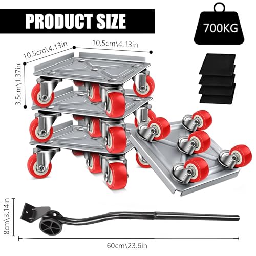Image of KAVID Furniture Movers Dolly Set with Lifter Tool - 700KG Heavy Duty Load Capacity, 5 Silent 360 Swivel Wheels with Brake, Carbon Steel Panel, Anti-Slip Pads - Move Sofa, Bed, Appliance