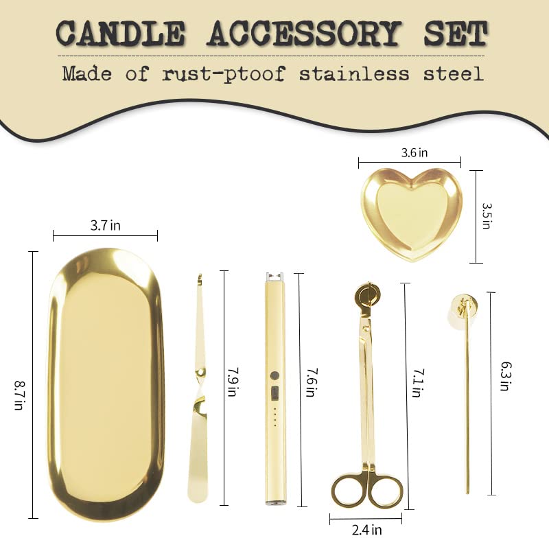 6 in 1 Candle Wick Trimmer Cutter,Candle Lighter Rechargeable, Candle Snuffer Extinguisher, Candle Wick Dipper, Candle Care Kit?Candle Accessory Set with Storage Tray Plate for Candle Lover (Gold-02)
