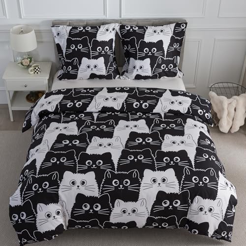 RongRongIN Parure de lit 3 pièces 200 x 200 cm - Motif chat noir et blanc - 1 housse de couette 200 x 200 cm et 2 taies d'oreiller 80 x 80 cm avec fermeture...